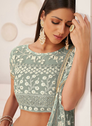 Designer Thread Embroidery Pista Green Net Lehenga Choli